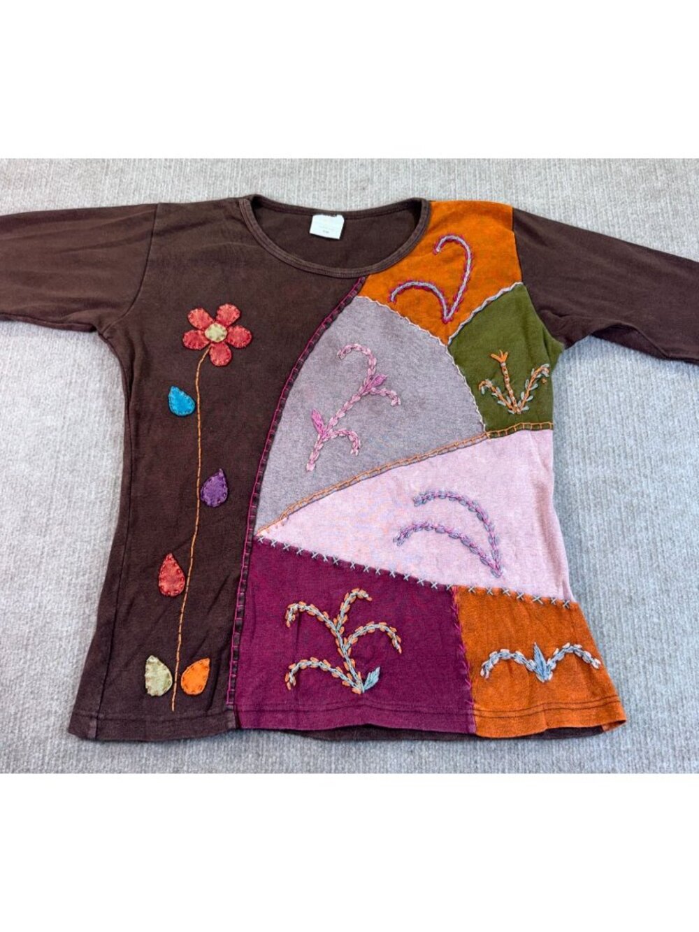 Vintage Nepal Cotton Patchwork Shirt Long Sleeve Embroidered Fairycore Boho S/M